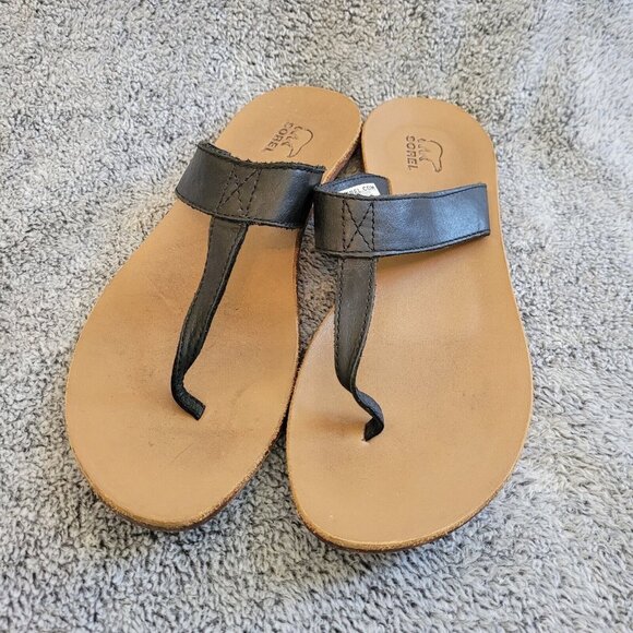 Sorel Lake Slide Womens Size 8.5 Black Leather Thong Sandal Flip Flops 16330 - Picture 1 of 9